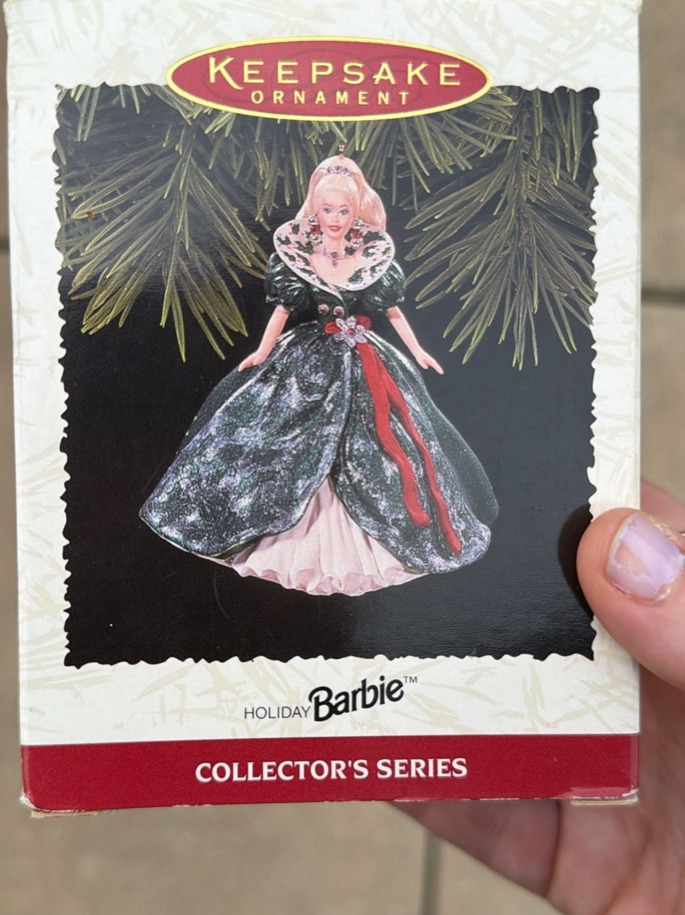 Barbie Green Sparkle Gown Ornament with Red Bow